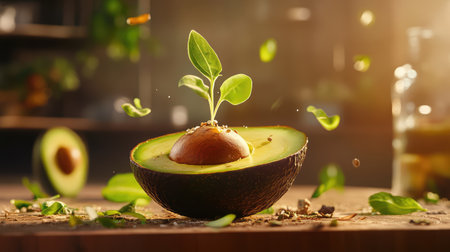 A beautiful image of a halved avocado with a sprouting seed, surrounded by scattered leaves. The lighting emphasizes freshness and nature, perfect for healthy food concepts.の素材