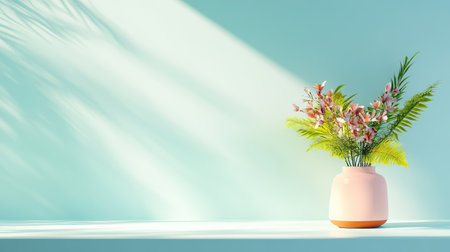 A pastel vase beautifully displays vibrant flowers and lush ferns, set against a soft blue background that enhances the natural light and shadows, ideal for home decor.の素材