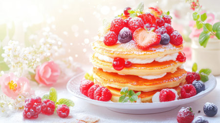A mouthwatering stack of fluffy pancakes adorned with a mix of fresh berries and a dollop of whipped cream, perfect for delicious breakfast moments.の素材