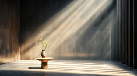 A beautifully designed indoor space featuring a simple vase with flowers on a minimal table. Natural light streams through, creating a tranquil atmosphere.の素材