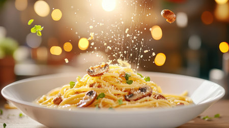 A beautifully plated spaghetti dish featuring mushrooms and grated cheese, illuminated by soft lighting and sparkling bokeh, inviting a cozy dining atmosphere.の素材