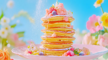 This image captures a tall stack of fluffy pancakes layered with juicy berries and creamy whipped topping, presenting a vibrant and delightful breakfast treat.の素材