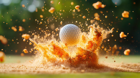 A captivating image of a golf ball striking sand, creating an explosion of dust and debris. Sunlight enhances the dynamic scene, highlighting motion and energy.の素材