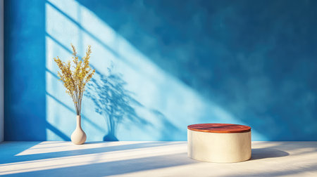 This image showcases a modern interior space with a striking blue wall, a stylish wooden table, and an elegant flower vase illuminated by natural sunlight, creating a serene atmosphere.の素材