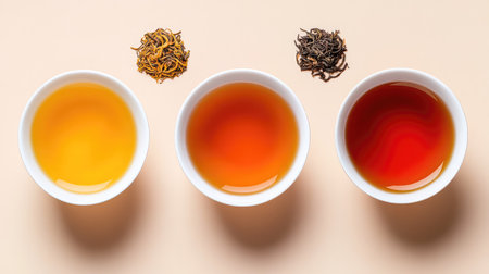 This image presents three bowls of distinct tea types, showcasing their vibrant colors against a soft background. Loose tea leaves complement the scene, highlighting the beauty and diversity of tea.の素材