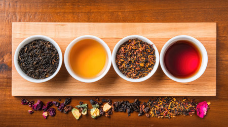 An inviting assortment of loose leaf teas and brewed varieties displayed on a wooden tray, showcasing the beauty and diversity of this beloved beverage.の素材