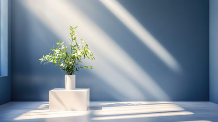 A tranquil indoor space featuring a lush green plant in a white vase on a minimalist pedestal. Soft natural light creates a warm atmosphere.の素材