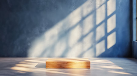 A tranquil scene featuring a minimalist wooden platform illuminated by soft sunlight, casting attractive shadow patterns on a blue wall, ideal for artistic displays.の素材