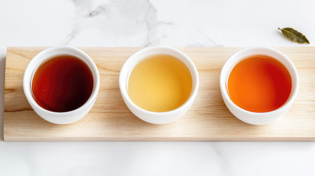 This image showcases three distinct varieties of tea presented in white bowls on a wooden tray, highlighting their vibrant colors and inviting aromas.の素材