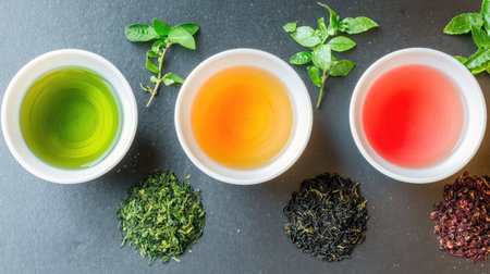 This image showcases three cups of vibrant herbal teas in shades of green, orange, and red, surrounded by fresh leaves and dried herbs, highlighting natural wellness.の素材