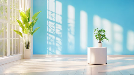 A bright interior space featuring a soothing blue wall, potted plants, and gentle sunlight filtering through a window, creating a tranquil atmosphere.の素材