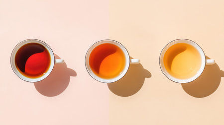 This visually appealing image features three distinct varieties of tea displayed in elegant cups against a soft pastel background, highlighting their rich colors and inviting textures.の素材