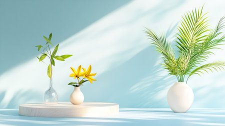 A captivating display of green plants and bright yellow flowers in stylish vases on a light blue surface, creating a serene and refreshing atmosphere.の素材