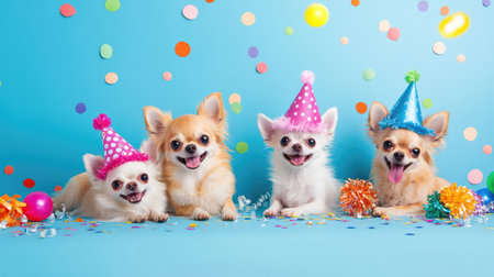 Four joyful chihuahuas wear colorful party hats and smile in celebration of a birthday. Set against a vibrant blue background with festive decorations.の素材