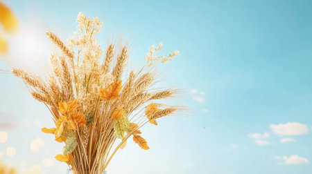 A stunning arrangement of wheat and flowers captures the essence of autumn, highlighting warm colors against a bright blue sky, creating a serene ambiance.の素材