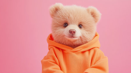 This delightful image features a charming cartoon bear character dressed in a vibrant orange hoodie, set against a playful pink backdrop, radiating joy and cuteness.の素材