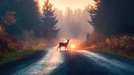 A tranquil sunset scene features a deer crossing a country road, framed by lush trees and enveloped in soft mist, evoking a sense of peace and nature's beauty.の素材