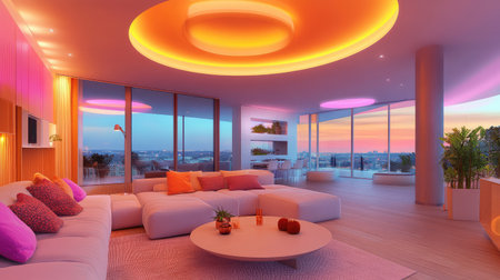 This modern luxury living room features vibrant neon lighting, cozy furniture, and breathtaking panoramic views of a sunset over the city skyline.の素材