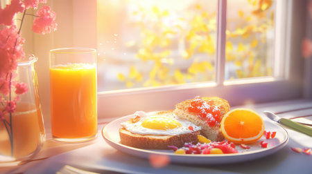 A beautifully arranged breakfast featuring fried eggs, toast, fresh orange slices, and a glass of juice beside a sunlit window, creating a warm atmosphere.の素材