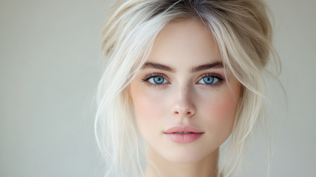 This image captures a stunning close-up portrait of a young woman with light blonde hair and mesmerizing blue eyes, set against a soft neutral background, showcasing natural beauty and elegance.の素材