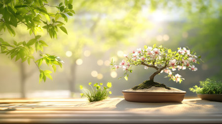 A beautiful bonsai tree adorned with delicate pink flowers sits gracefully in a tranquil garden, bathed in soft sunlight, creating a serene atmosphere.の素材