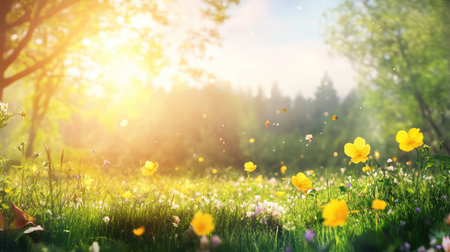 A stunning view of a vibrant meadow filled with wildflowers, illuminated by warm sunshine. This serene landscape captures the essence of nature's beauty.の素材