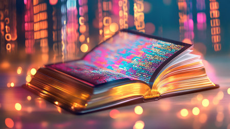 An enchanting scene features an open book displaying vibrant code on its pages, illuminated against a dreamy abstract background filled with glowing lights.の素材