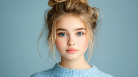A captivating portrait of a young girl with sparkling blue eyes and soft blonde hair, showcasing natural beauty and a serene expression against a minimalist background.の素材