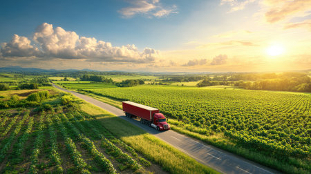 A vibrant scene showcasing a red truck on an open road surrounded by lush green fields at sunrise. The picturesque landscape features a clear sky with soft clouds, embodying a tranquil rural environment. This image captures the essence of transportation and exploration in nature.の素材