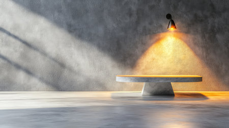 A modern minimalist interior showcases a sleek concrete table under warm wall lighting, creating an inviting atmosphere with striking textures and shadows.の素材