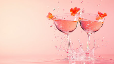 Captivating image of two elegant cocktails splashing in a soft pink backdrop. The drinks, adorned with vibrant flowers, evoke a festive and refreshing atmosphere perfect for celebrations or summer gatherings.の素材