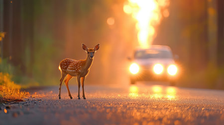 A young deer stands gracefully in the middle of a deserted road during sunset, illuminated by the bright headlights of an approaching car. The scene captures a moment of nature's beauty and wildlife awareness, showcasing the gentle creature against a warm, glowing backdrop.の素材