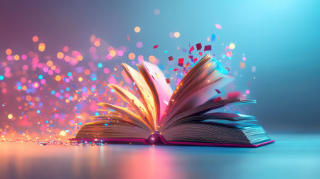 An enchanting open book surrounded by colorful confetti and sparkling particles on a soft blue background, symbolizing creativity and imagination.の素材