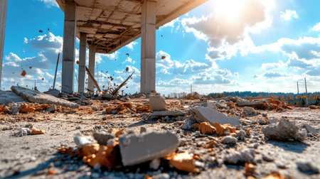 This image captures a scene of abandoned construction with scattered debris under a clear blue sky, highlighting the effects of urban decay and destruction.の素材