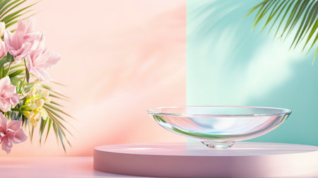 A stunning glass bowl is showcased on a minimalist platform, enhanced by a soothing pink and mint backdrop, adorned with vibrant tropical flowers.の素材