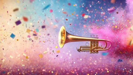 This image features a striking golden trumpet amidst a burst of colorful confetti and sparkling effects, capturing the essence of a joyful celebration and festive events.の素材