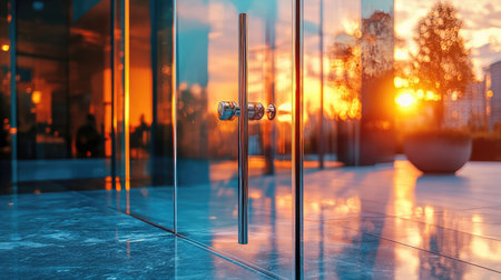 This captivating image showcases a close-up of a sleek glass door handle framed by a stunning sunset. The reflections create a serene urban atmosphere, ideal for showcasing modern architecture.の素材