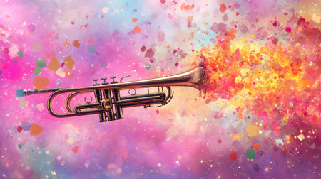A stunning visual of a trumpet bursting with vibrant colors against a dreamy backdrop, representing joy, celebration, and musical creativity. Perfect for artistic projects!の素材