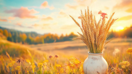A serene sunrise illuminates a rustic vase filled with wheat and flowers, set against a picturesque field. This beautiful summer morning scene captures nature's tranquility and warmth.の素材