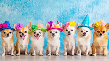 A delightful scene featuring a group of cheerful dogs dressed in colorful party hats against a bright backdrop, showcasing joy and friendship.の素材