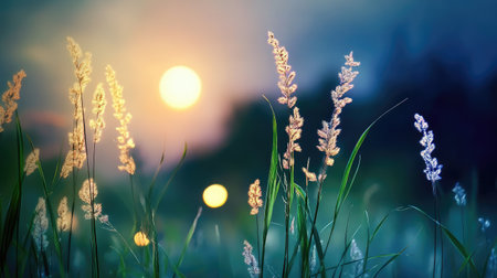 This image captures a serene sunset over a grassy field, showcasing gentle light and natural beauty. The soft focus creates a tranquil atmosphere perfect for relaxation.の素材