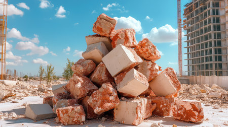 A vibrant urban construction site showcasing a large pile of concrete blocks and bricks against a bright blue sky and fluffy clouds.の素材