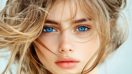 This captivating portrait features a young woman with flowing hair and bright blue eyes, evoking a sense of elegance and beauty in a soft setting.の素材