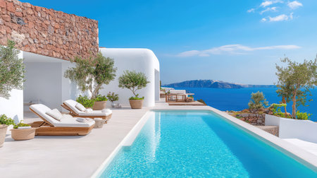 This stunning image showcases a luxurious modern villa featuring an infinity pool, sun loungers, and breathtaking views of the ocean in Santorini.の素材