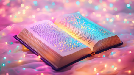 An enchanting image of an open book with illuminated pages, surrounded by colorful bokeh lights on soft fabric, creating a magical reading atmosphere.の素材