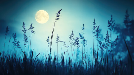 A tranquil moonlit landscape featuring tall grasses swaying gently in the night breeze, creating an enchanting atmosphere under a calm sky.の素材