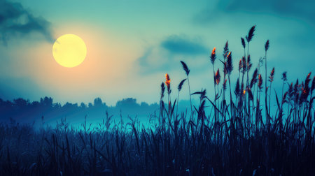 A serene landscape showcasing a tranquil sunset over a wetland area, accented by silhouetted reeds against a soft blue sky, evoking peace and beauty.の素材