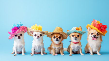 A delightful scene featuring five Chihuahuas adorned with vibrant, colorful hats against a soft blue backdrop, capturing the essence of joy and playfulness in pets.の素材