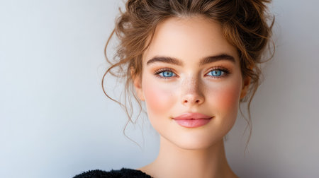 A captivating portrait of a young woman showcasing natural beauty with loose hair and subtle makeup, set against a soft, neutral background.の素材