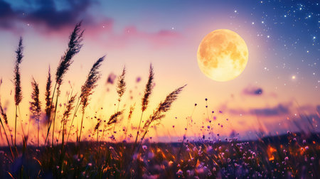 A stunning evening landscape featuring tall grass swaying gently under a full moon and a vibrant starry sky, creating a tranquil atmosphere at dusk.の素材
